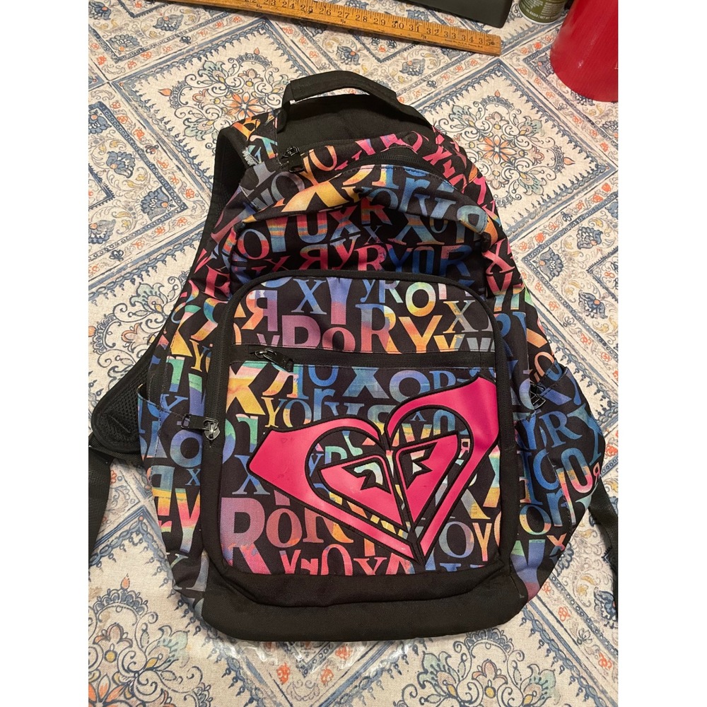 Roxy Rainbow Alphabet Print Backpack Black Pink Logo School Travel Bag